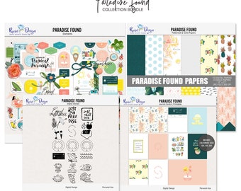 Das Paradies gefunden digitale Scrapbooking Sammlung, Sommer digitale Elemente und Papiere, druckbare Sommer Taschenkarten, Tropische Sommer Briefmarken