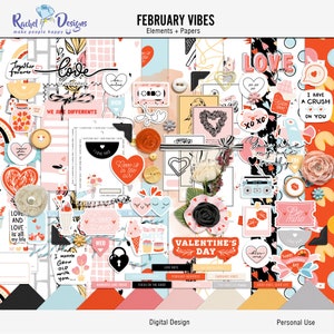 Könnte beinhalten: Ein digitales Scrapbooking-Set mit Grafiken zum Thema Valentinstag. Das Set enthält Bilder von Herzen, Blumen und anderen romantischen Elementen in Rosa, Rot und Weiß. Der Text "February Vibes" befindet sich oben im Bild.