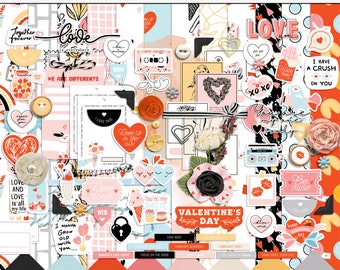 Kit de scrapbooking numérique vibrations de février, papiers à motifs imprimables abstraits, papiers créatifs numériques, éléments numériques de mix média de février