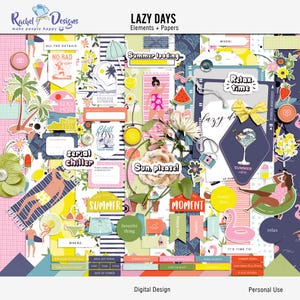 May include: A digital design kit with a summer theme. The kit includes colorful illustrations, patterns, and text elements. The text includes "Lazy Days", "Summer Loading", "Beach More Worry Less", "Serial Chiller", "Sun, Please!" and "It's Time To".
