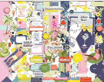 Lazy days digital scrapbook kit, Digital summer elements and papers, Printable beach patterns, Summer mix media elements, Hybrid summer
