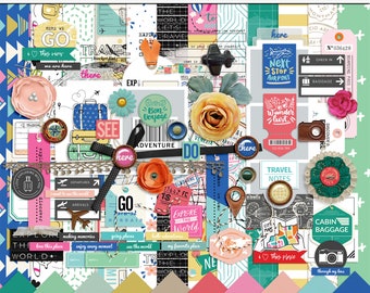 Explore The World digital scrapbooking kit, Digital travel elements and papers, Travel printable patterns, Travel digital mix media elements
