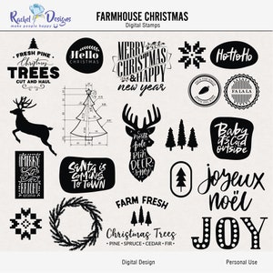 Farmhouse christmas digital stamps and brushes, Digital christmas craft stamps, Digital christmas cliparts, Christmas photoshop stamps brush