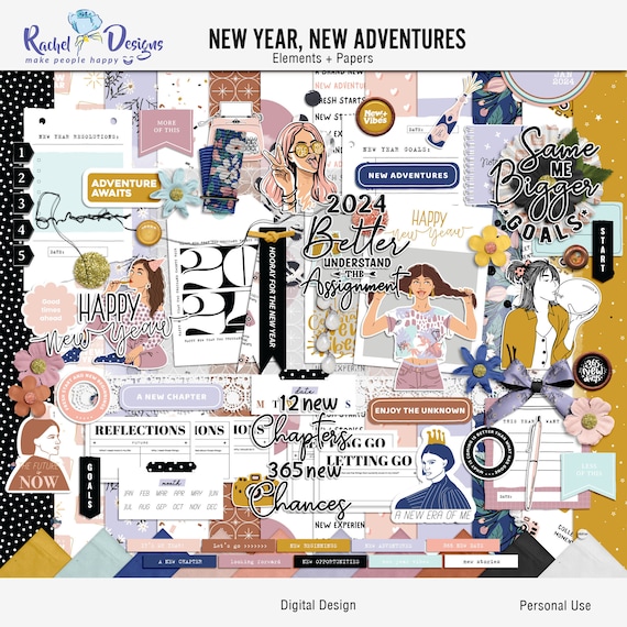 New year new adventures digital scrapbooking kit, Digital new year paper pack, New year mix media element, New year craft elements and paper