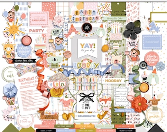 Hip hip hooray birthday digital scrapbooking kit, Birthday digital papers, Birthday printable papers, Birthday digital scrapbook elements
