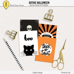 Cartões de diário digital imprimíveis de Halloween gótico, cartões de diário digital de Halloween gótico, cartões de vida de projeto de Halloween gótico digital