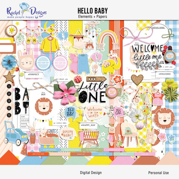 Hello baby digital scrapbooking kit, Baby mixed media digital elements, Digital nursery papers, Printable baby hybrid elements