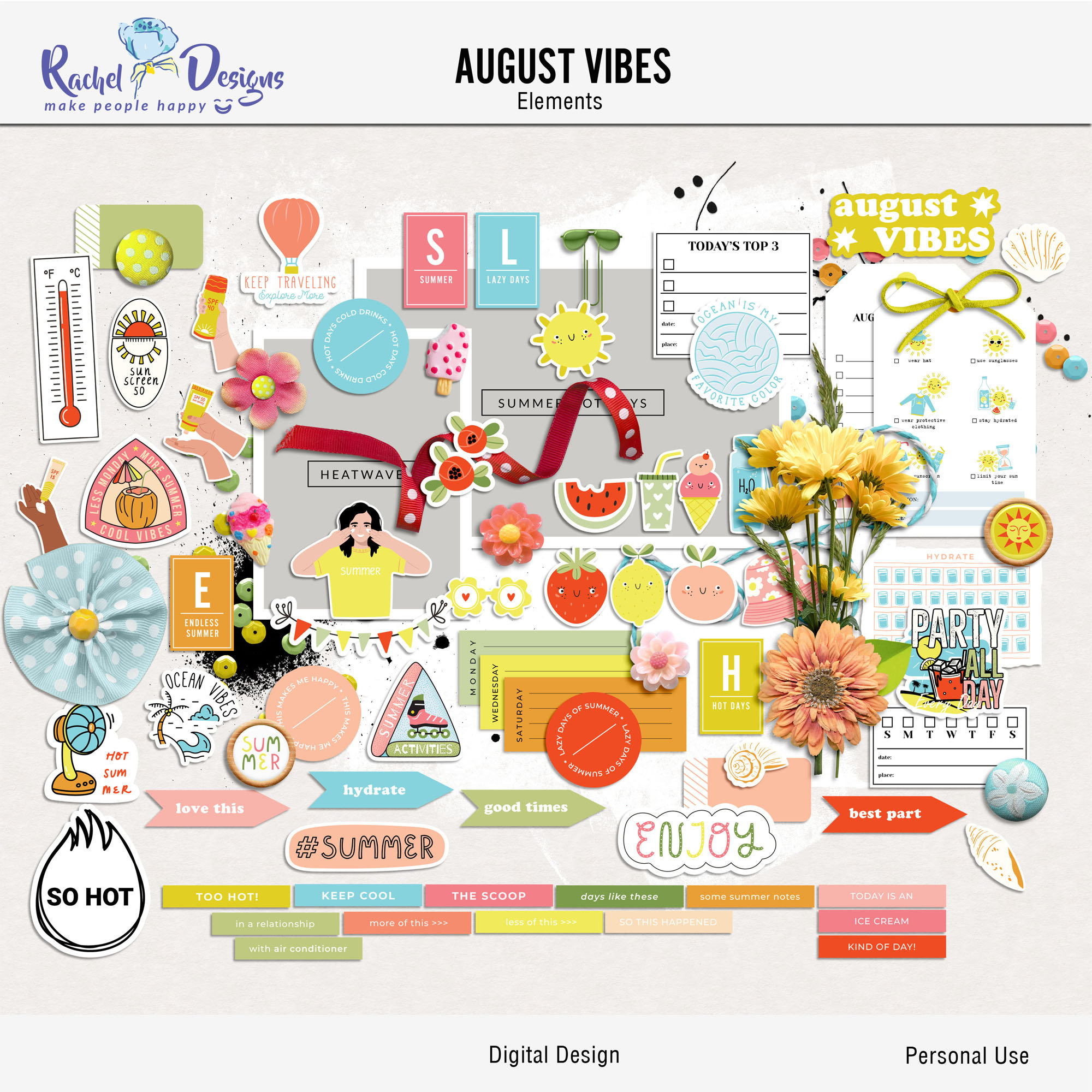 August vibes digital scrapbooking elements, August printable elements, Summer hybrid elements, Mix media digital heatwave summer elements