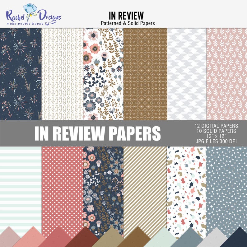 May include: A set of 12 digital papers, including 10 solid colors and 2 patterned designs. The patterns include fireworks, arrows, floral, circles, and geometric designs. The papers are 12 inches by 12 inches and 300 DPI.
