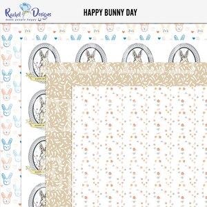 May include: Three digital paper designs featuring bunnies. The first design has a white background with a repeating pattern of blue, pink, and yellow bunnies with hearts. The second design has a tan background with a repeating pattern of brown bunny silhouettes. The third design has a white background with a repeating pattern of small pink, blue, and yellow flowers. The text "HAPPY BUNNY DAY" is at the top of the image.