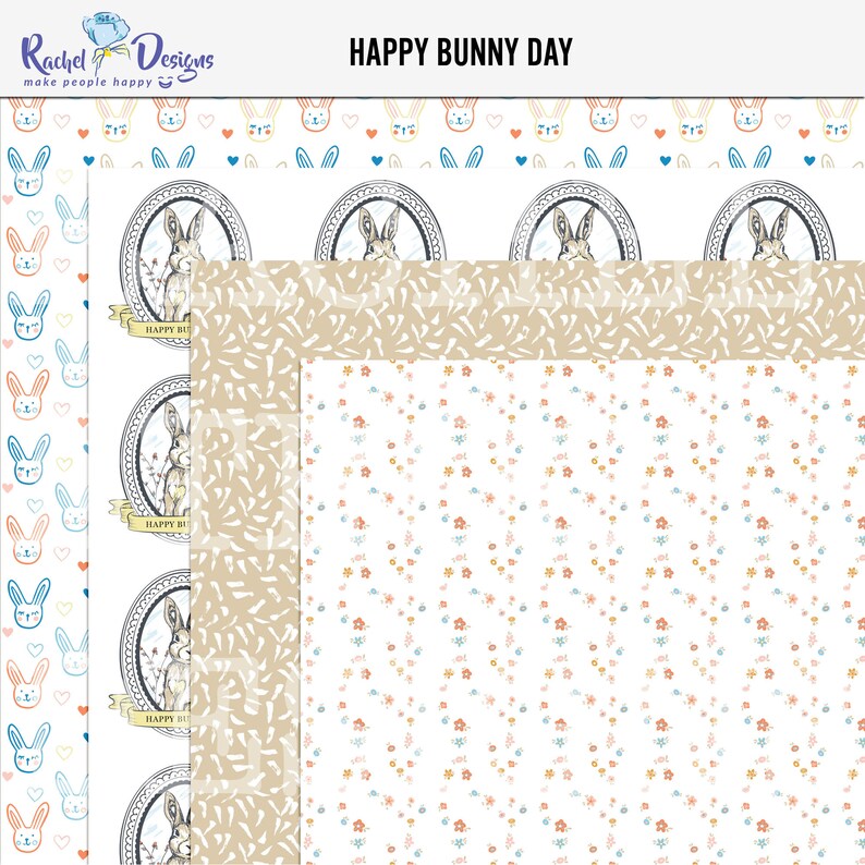 May include: Three digital paper designs featuring bunnies. The first design has a white background with a repeating pattern of blue, pink, and yellow bunnies with hearts. The second design has a tan background with a repeating pattern of brown bunny silhouettes. The third design has a white background with a repeating pattern of small pink, blue, and yellow flowers. The text "HAPPY BUNNY DAY" is at the top of the image.