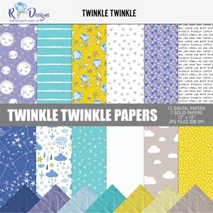 Afdrukbaar Twinkle twinkle digitaal papierpakket, Digitale papierverpakking voor kinderen, Afdrukbaar baby scrapbooking papierpakket, Maan en sterren papierpakket