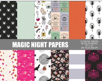 Magic night digital paper pack, Witchcraft halloween pattern papers, Digital halloween craft papers, Halloween printable decor papers