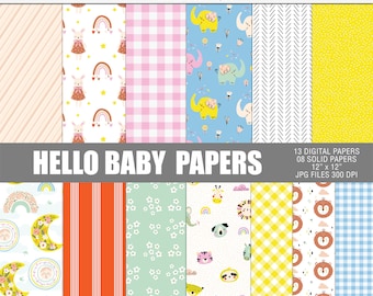 Paquete de papel digital imprimible de Hello Baby, Papeles digitales para manualidades de bebés, Papeles digitales para guardería, Papeles imprimibles para bebés, Papeles para recién nacidos