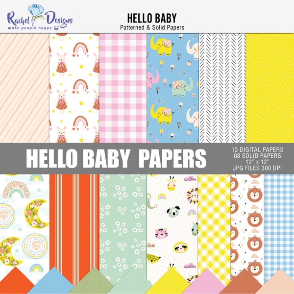 Hello Baby printable digital paper pack, Baby digital craft scrapbook papers, Nursery digital papers, Baby printable papers, Newborn papers