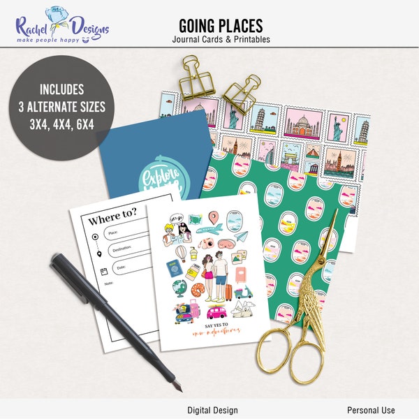Going places digital journal cards, Digital travel pocket cards, Printable travel project life, Adventure printable cards, Travel cards