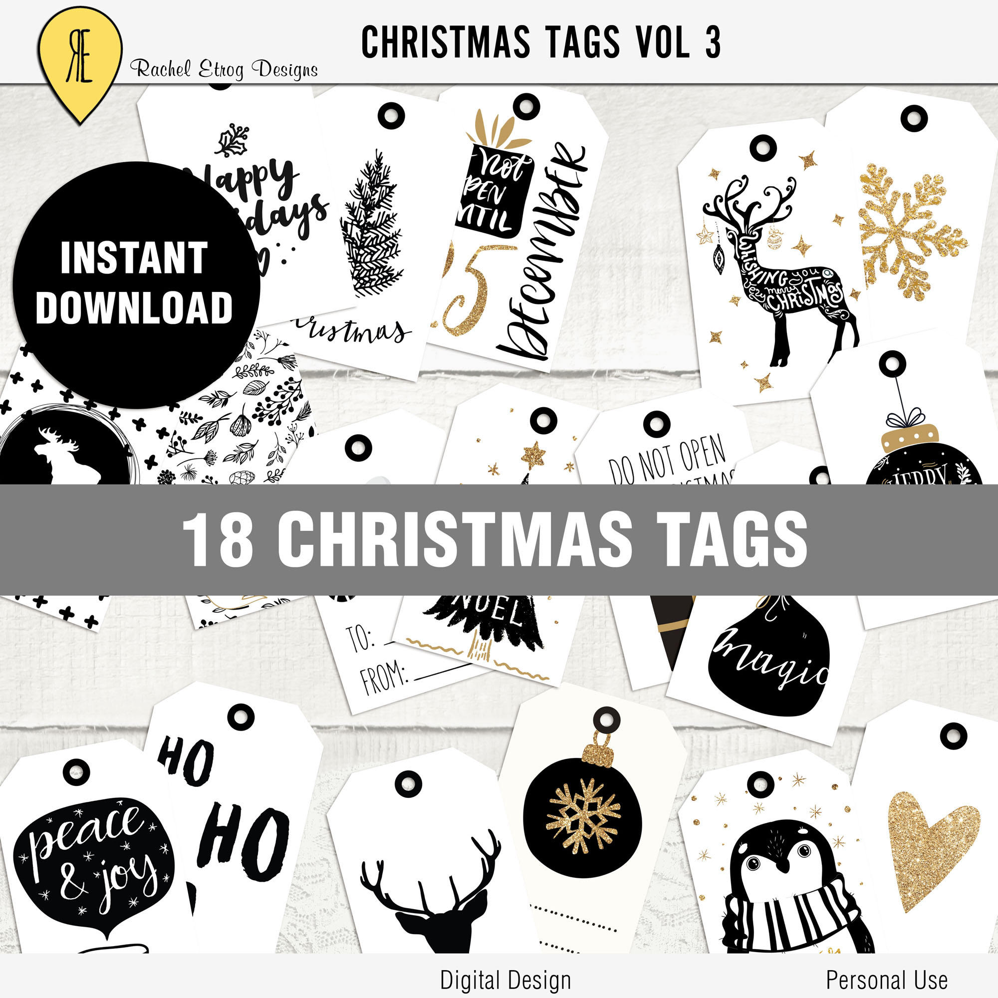Black and White Christmas Tags, Printable Christmas Tags, Black and ...