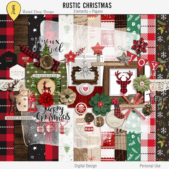 Digital Scrapbooking Kits Christmas, Digital Rustic Christmas Elements,  Christmas Scrapbook Embellishment, Rustic Christmas Scrapbook Kit 