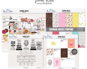 School rules digital scrapbooking collection, School digital elements and papers, Printable school pocket cards, School rules stamps
