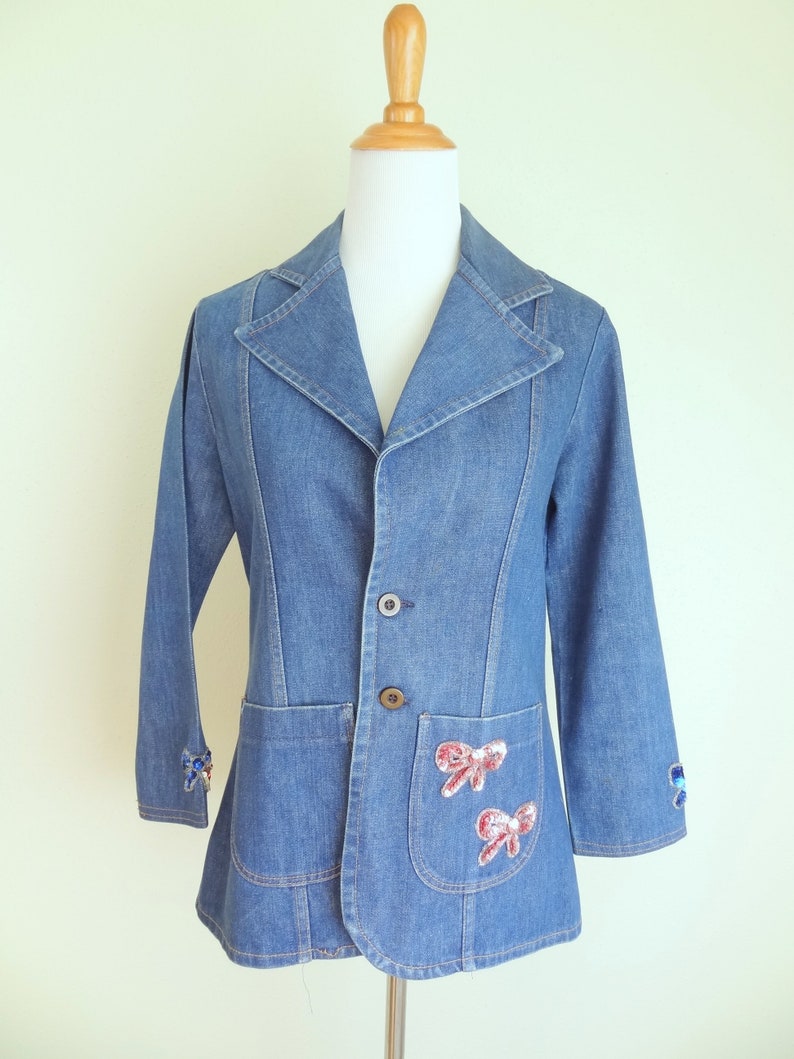 Vintage 70s Denim Fitted Hippie Jacket With Sequined Butterfly Patch