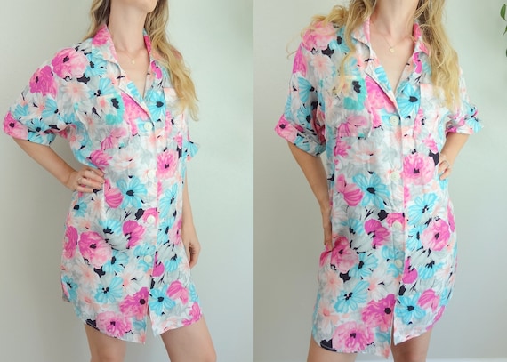 Vintage 90s Rayon Floral Shirt Dress