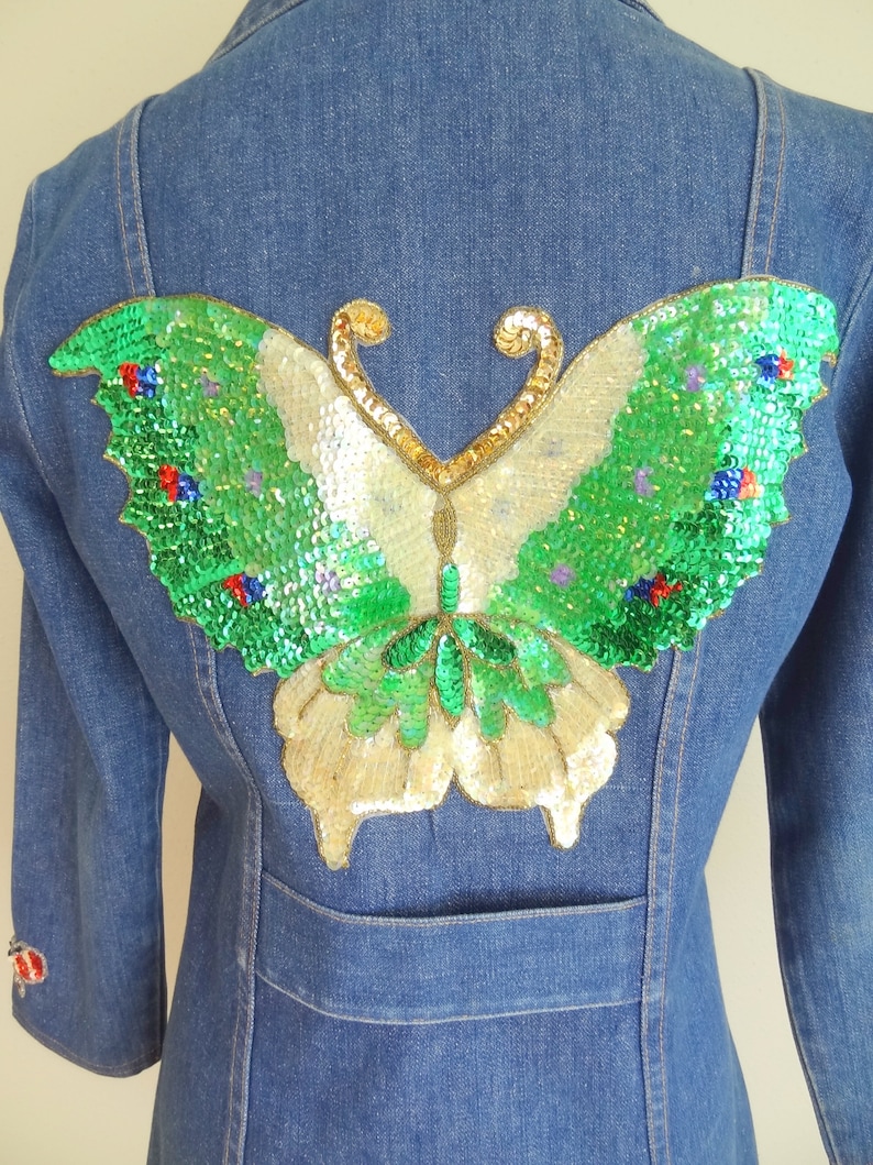 Vintage 70s Denim Fitted Hippie Jacket With Sequined Butterfly Patch
