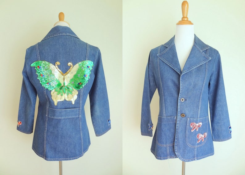 Vintage 70s Denim Fitted Hippie Jacket With Sequined Butterfly Patch