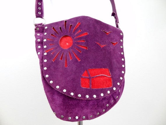 Vintage 60s Suede Purple & Red Handmade Purse/Cros