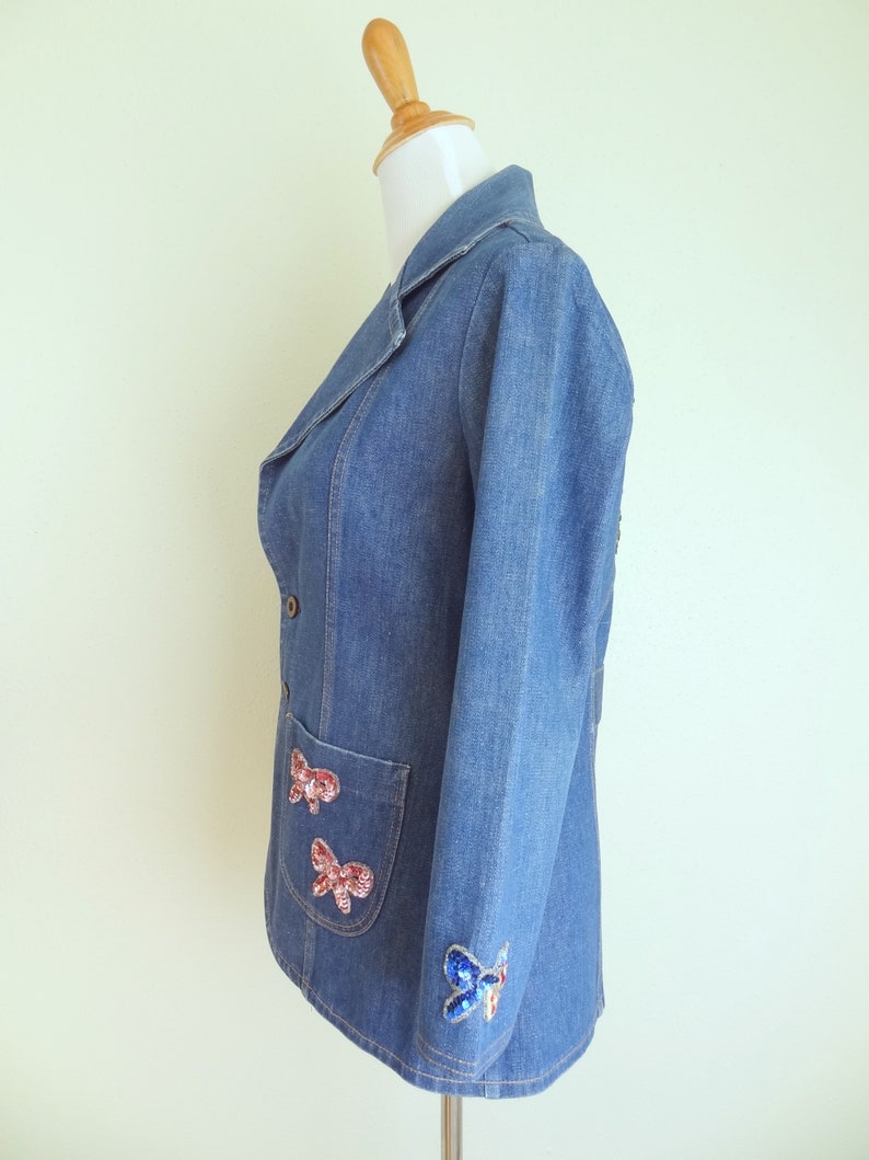 Vintage 70s Denim Fitted Hippie Jacket With Sequined Butterfly Patch