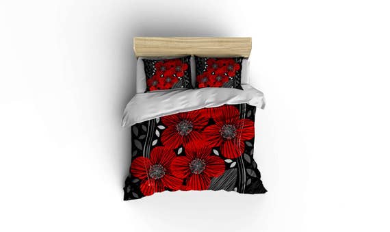 Red Poppies Duvet Coverroses Duvet Coverbed And Bath Home Etsy