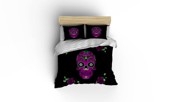 Sugar Skull Duvet Covers Home Decor Bedding Bedroom Decor Graphic Print Bedding Rockabilly Comforter Cover Purple Roses Dia De Los Muertos