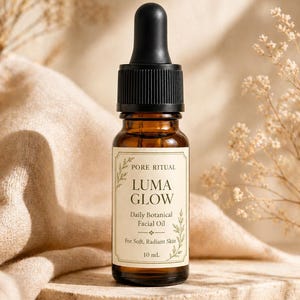 Könnte beinhalten: Eine braune Glasflasche Luma Glow Daily Botanical Facial Oil mit einer schwarzen Pipette. Das Etikett lautet "PORE RITUAL" und "For Soft, Radiant Skin". Die Flasche enthält 10 ml Öl.