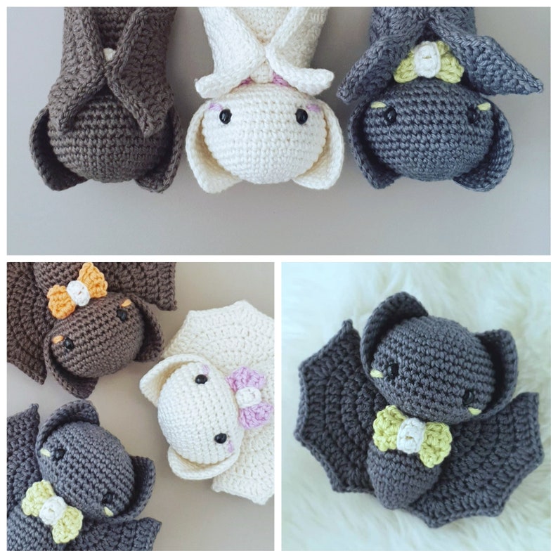 May include: Five crocheted bats in various colors, including brown, white, and gray. Each bat has a small bow on its head and is made with a soft, textured yarn.