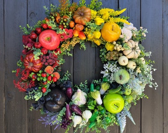 Summer rainbow wreath for front door with fruits, vegetables and flowers - Vegetarian decor - Vegan gift - Colorful wreath