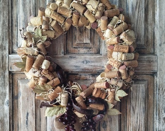 Wine Cork Wreath with Grapes: Rustic Home Bar Decor
