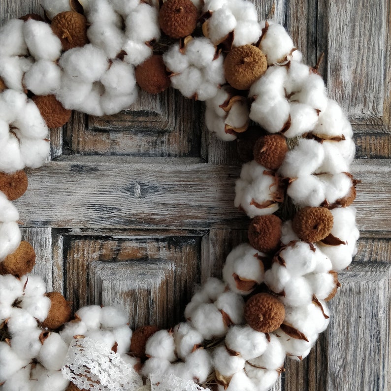Boho Cotton Wreath Handmade Cottagecore Door Decor with Dried Flowers image 5