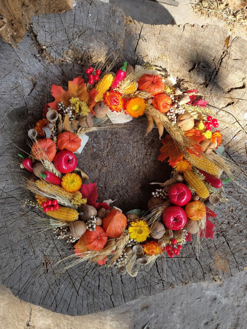 Autumn door wreath, Wreath autumn harves, Physalis wreath, Fall pumpkin wreath for front door, Fall wreath for front door, Autumn decor image 4