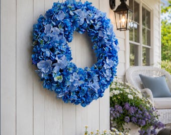 Blue Hydrangea Wreath, Summer Front Door Decor