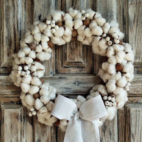 Cotton Wreath for Front Door White Wreath All Season Wreath Etsy