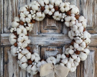 White Cotton Wreath: Farmhouse Front Door Decor, All Seasons