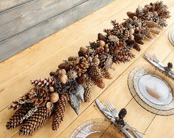Pinecone Centerpiece – Rustic Table Runner – Fall & Christmas Mantel Decor
