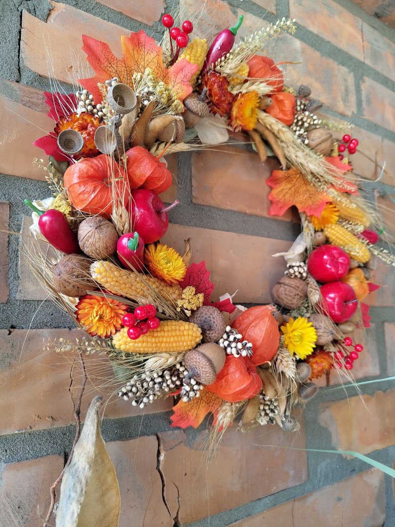 Autumn door wreath, Wreath autumn harves, Physalis wreath, Fall pumpkin wreath for front door, Fall wreath for front door, Autumn decor image 10
