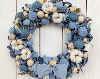 Denim wreath with a rustic style Farmhouse chic wall decor Front door wreath Denim party decor