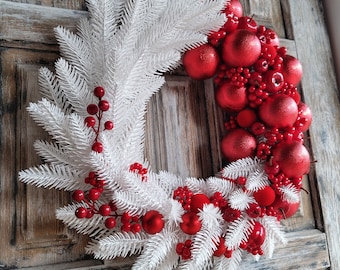 Red and white wreath, Winter wreath, Christmas decor