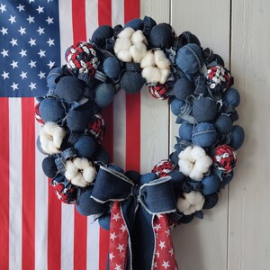 Patriotic denim wreath Rustic 4th of July wall decor Denim party decor Independence Day USA wreath