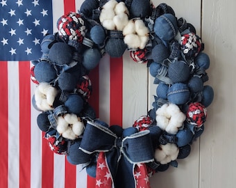 Patriotic denim wreath Rustic 4th of July wall decor Denim party decor Independence Day USA wreath