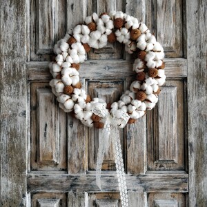 Boho Cotton Wreath Handmade Cottagecore Door Decor with Dried Flowers image 9