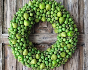 Summer wreath of green apples and pears, Colorful door decor, Wreath in the table centerpiece, Fruit wreath on the front door 15 inches