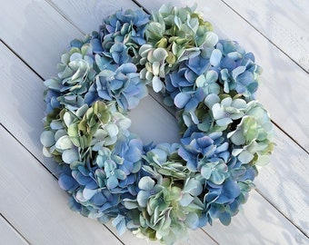 Summer wreath of blue and green hydrangea