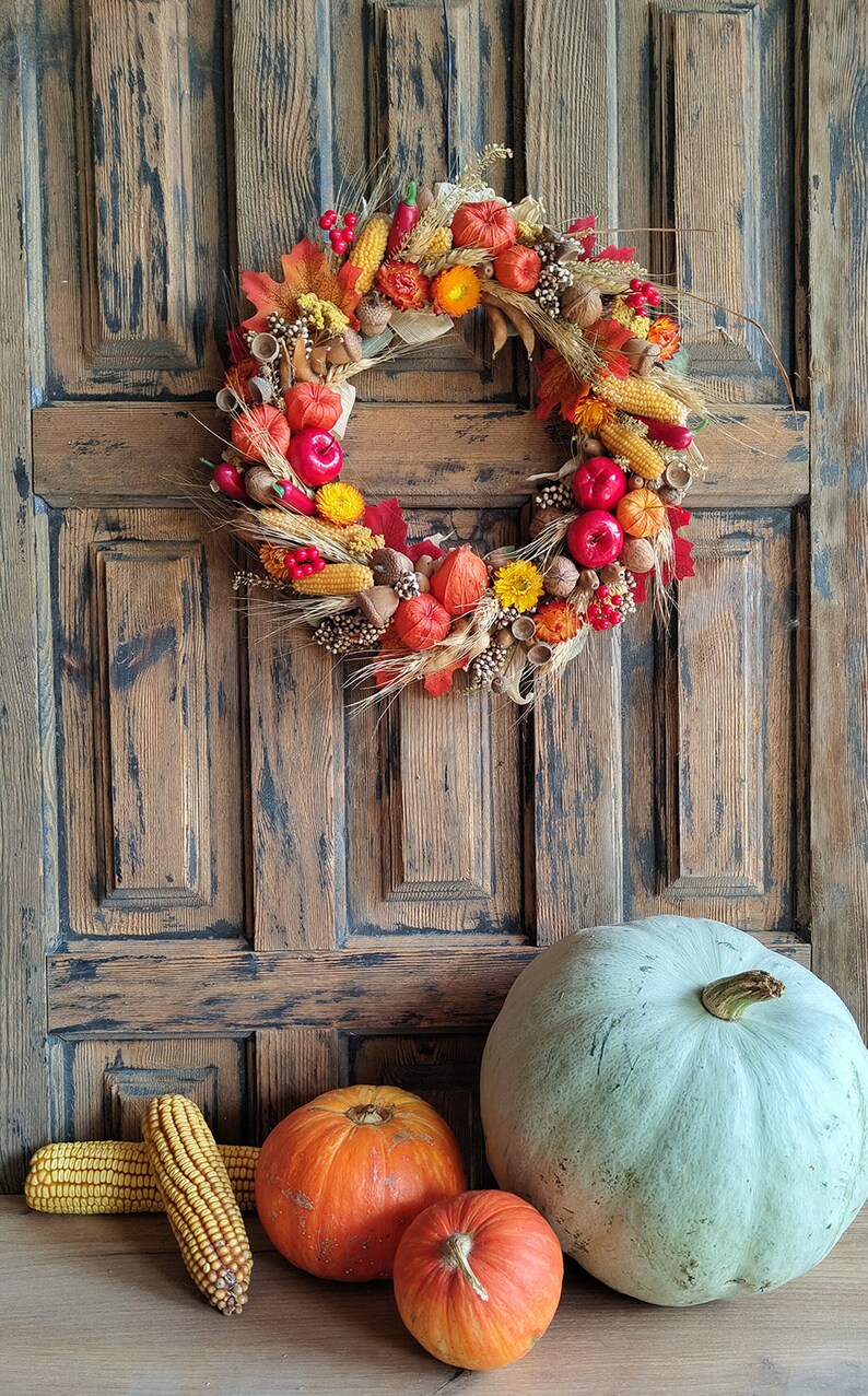 Autumn door wreath, Wreath autumn harves, Physalis wreath, Fall pumpkin wreath for front door, Fall wreath for front door, Autumn decor image 2